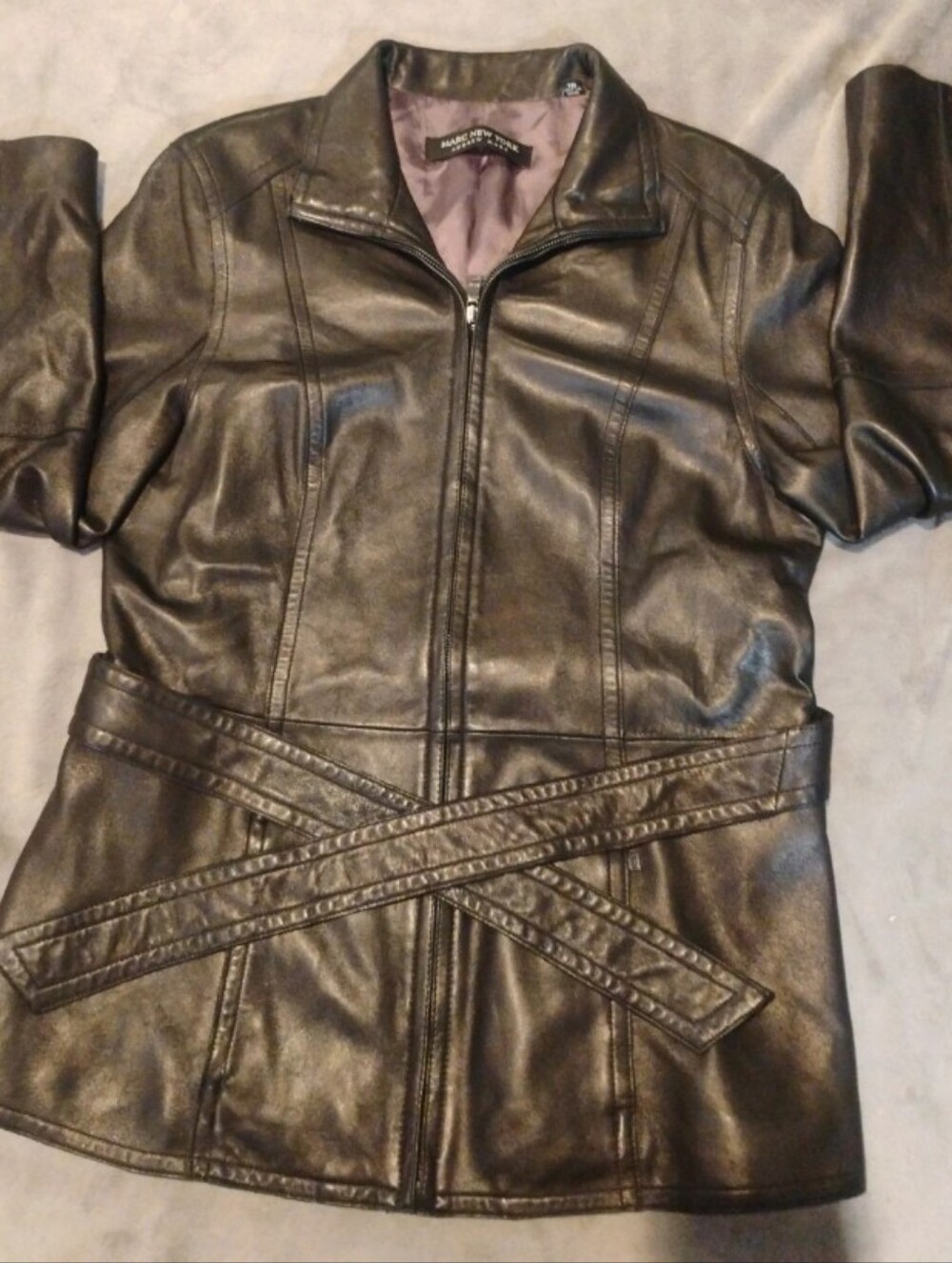 Marc New York Andrew Marc Black Leather Belted Zip Jacket - XL
